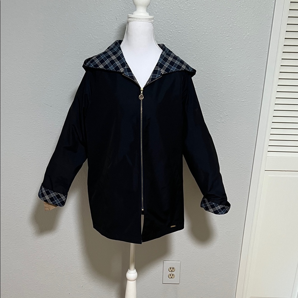St. John Sport by Marie Gray Black Jacket with Blue Plaid Lining